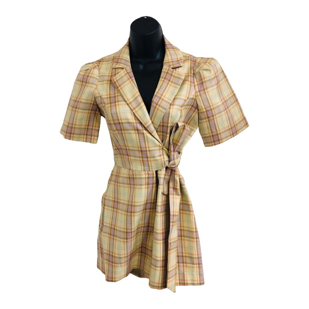 Adelyn Rae yellow plaid look puffy sleeve zippered wrap‎ top mini romper size XS